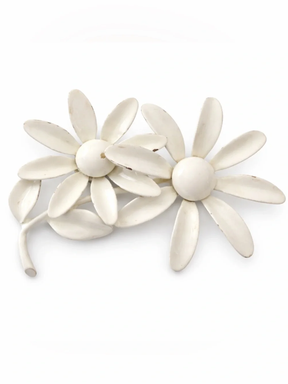 Vintage‎ White Enamel Double Daisy Brooch Mid Century Cottagecore Floral Pin